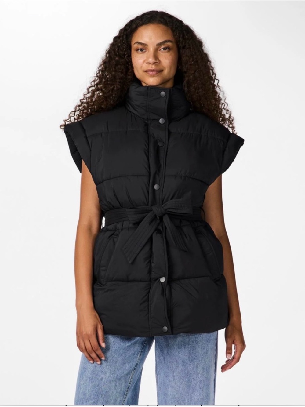 Black Sleeveless Belted Puffer Vest with High Collar